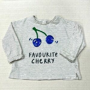 Zara long sleeve shirt, cream with grey stripe and blue sequins cherry